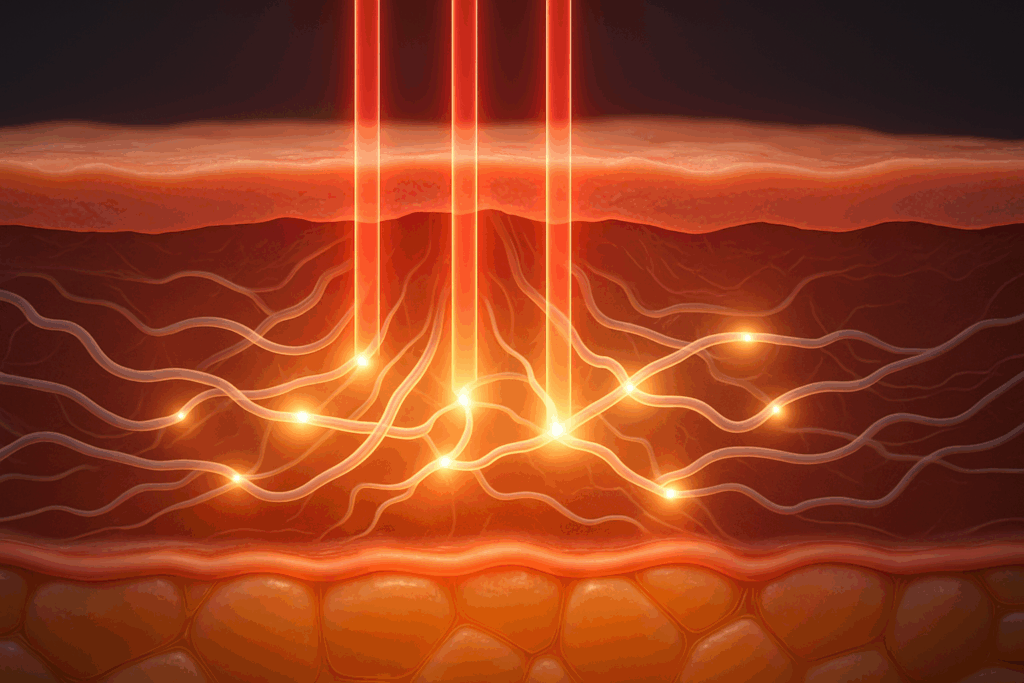 3D visualization of collagen laser and fractional facial treatments showing laser beams rejuvenating collagen fibers within skin layers
