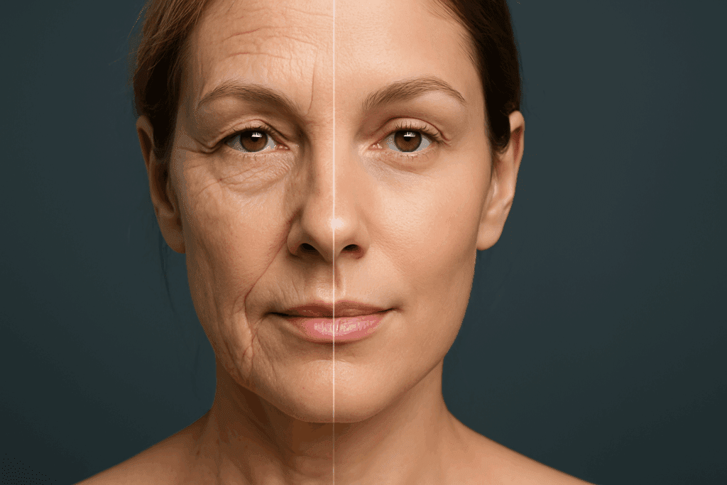 Side-by-side comparison of a woman’s face before and after collagen laser and fractional facial treatments, showing reduced wrinkles and smoother skin.
