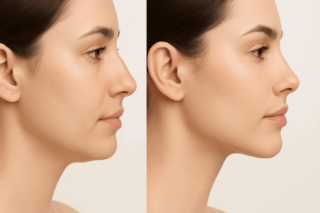 Before-and-after side profile showing subtle jawline and chin enhancement from breakthrough cosmetic treatments and procedures for the face.
