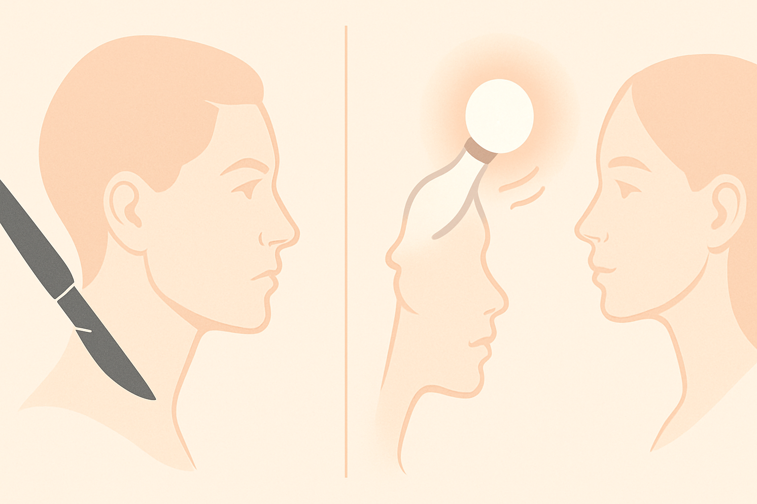"Infographic comparing traditional surgery with Breakthrough Cosmetic Treatments and Procedures for the Face using symbolic profile illustrations and aesthetic tools