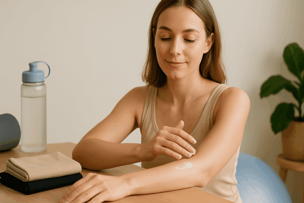 Woman applying lotion beside compression garments and fitness gear, illustrating holistic skin care for the topic Can Compression Garments Help Loose Skin?
