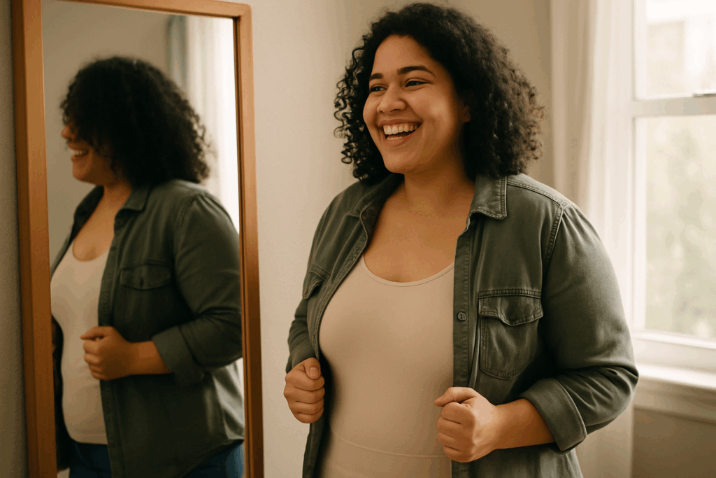 Joyful woman wearing light compression garments under casual clothing, smiling confidently at her reflection, illustrating Can Compression Garments Help Loose Skin?