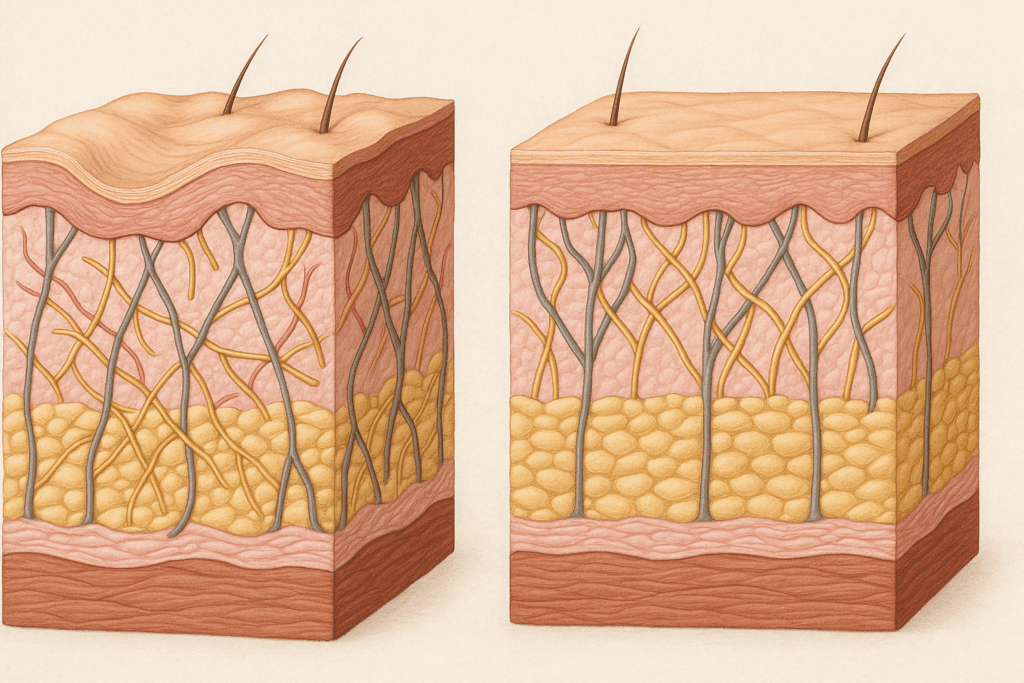 Cross-sectional illustration of aging skin showing collagen and elastin breakdown, comparing sagging and healthy skin layers, related to Can Compression Garments Help Loose Skin?"