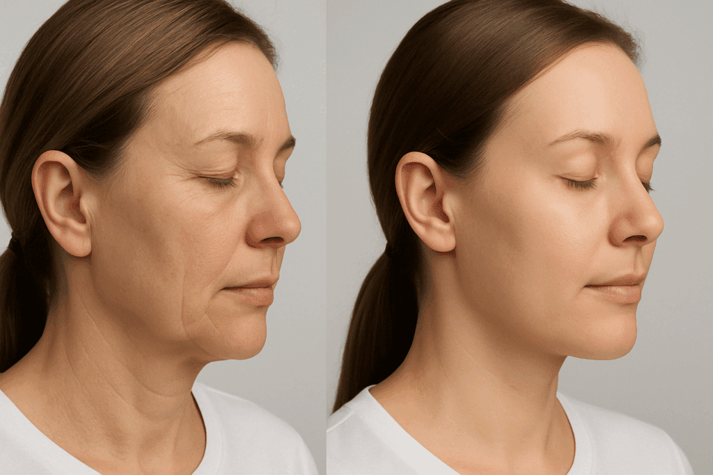 Side-by-side profile comparison of a woman before and after 24 weeks of Differin use, showing reduced fine lines and smoother skin, illustrating the answer to: Can Differin help with wrinkles.