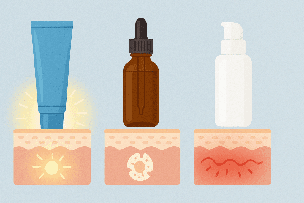 Visual comparison of Differin, tretinoin, and retinol skincare bottles showing effects on skin layers, answering the question: can Differin help with wrinkles.