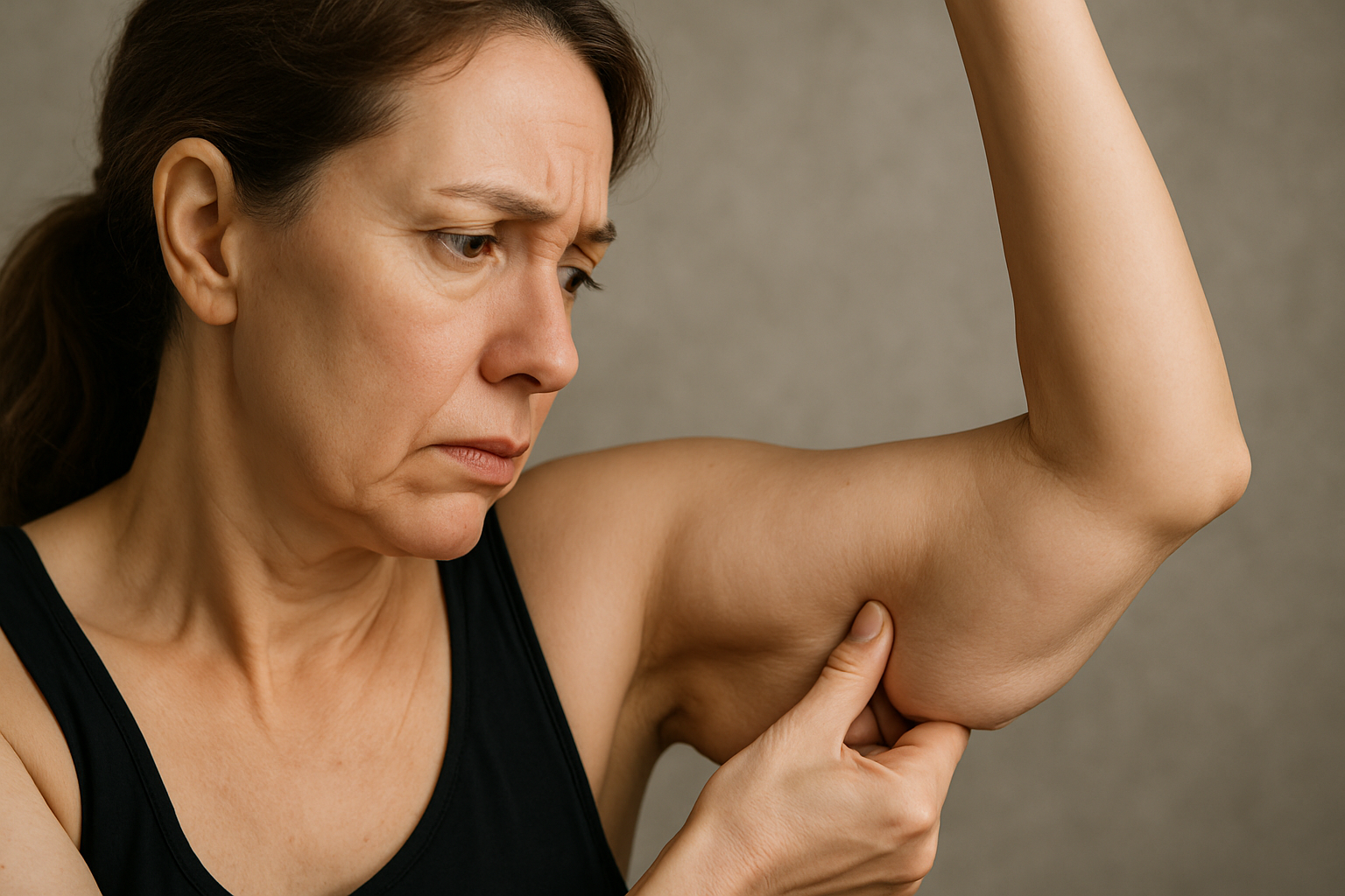 Close-up profile of a middle-aged woman thoughtfully pinching the sagging skin on her upper arm, highlighting the emotional concern associated with aging and body image