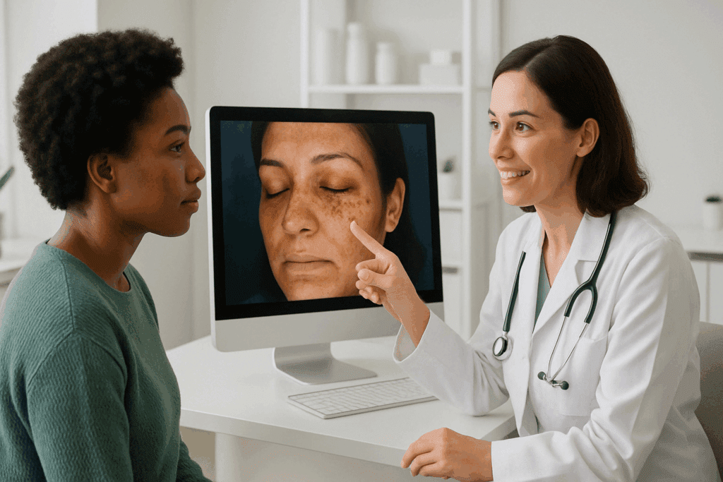 Dermatologist showing a patient facial pigmentation analysis on a screen during a consultation about dark spot remover treatments