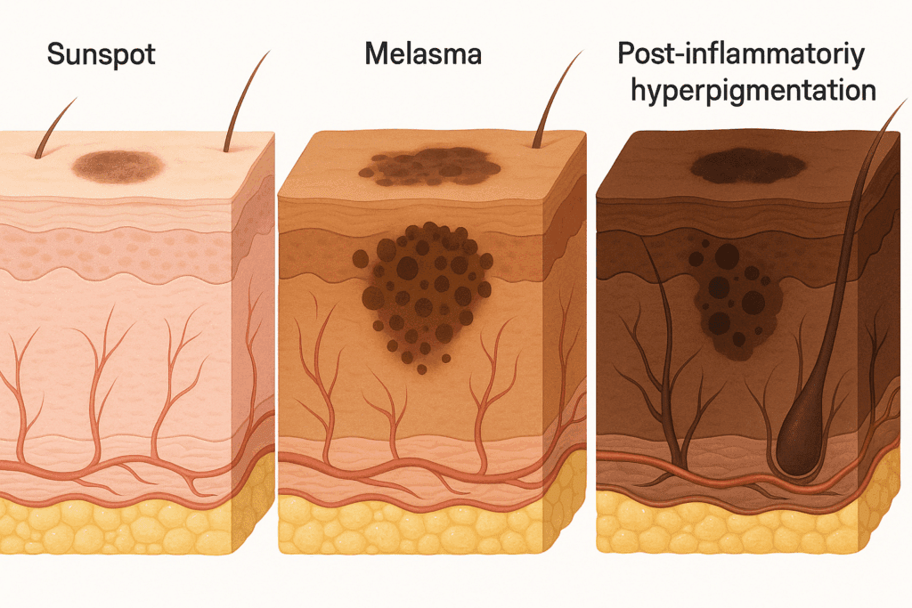 Medical illustration of skin layers showing sunspots, melasma, and post-inflammatory hyperpigmentation across diverse skin tones, highlighting conditions treatable with a dark spot remover