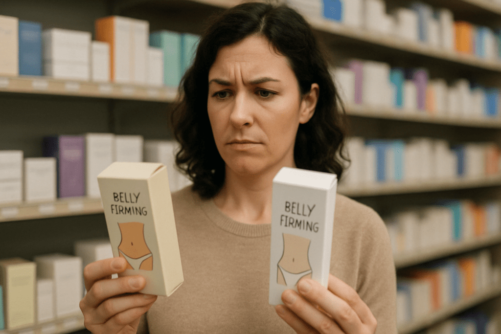 Woman comparing two belly firming cream products with a skeptical expression in a store aisle