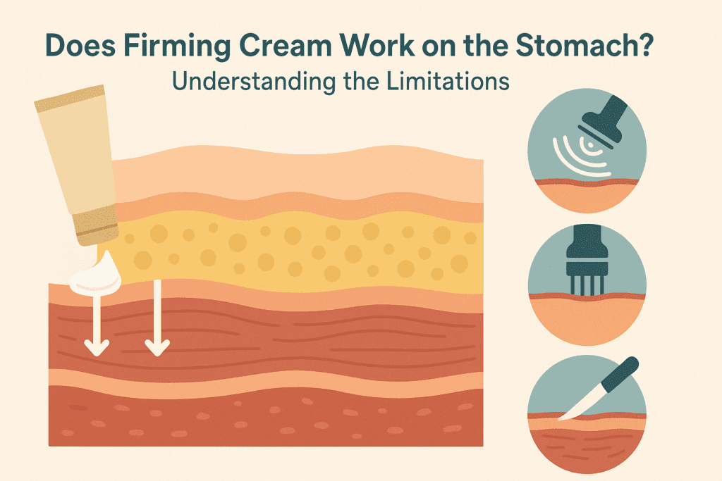 Cross-section diagram showing limited effect of belly firming cream on skin layers compared to deeper clinical treatments like microneedling, radiofrequency, and surgery.