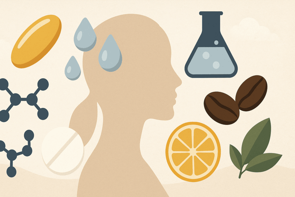 Illustration visualizing common ingredients that address whether do eye creams work, including retinol, peptides, caffeine, hyaluronic acid, niacinamide, and antioxidants surrounding a face silhouette