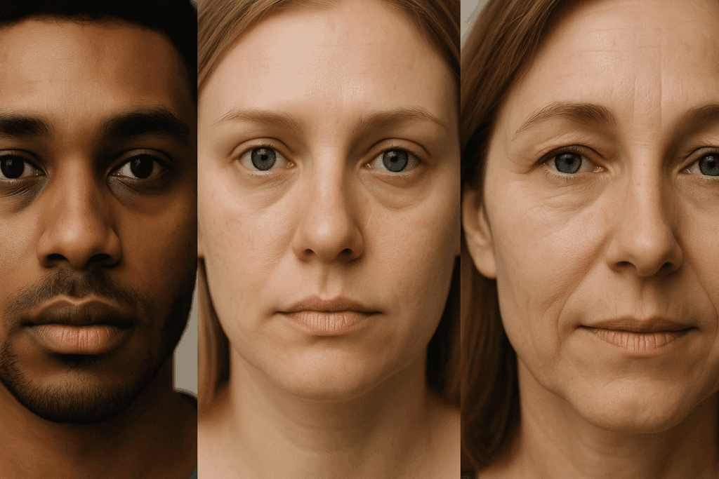 Realistic comparison of dark circles, under-eye puffiness, and fine lines to illustrate concerns addressed in discussions about do eye creams work