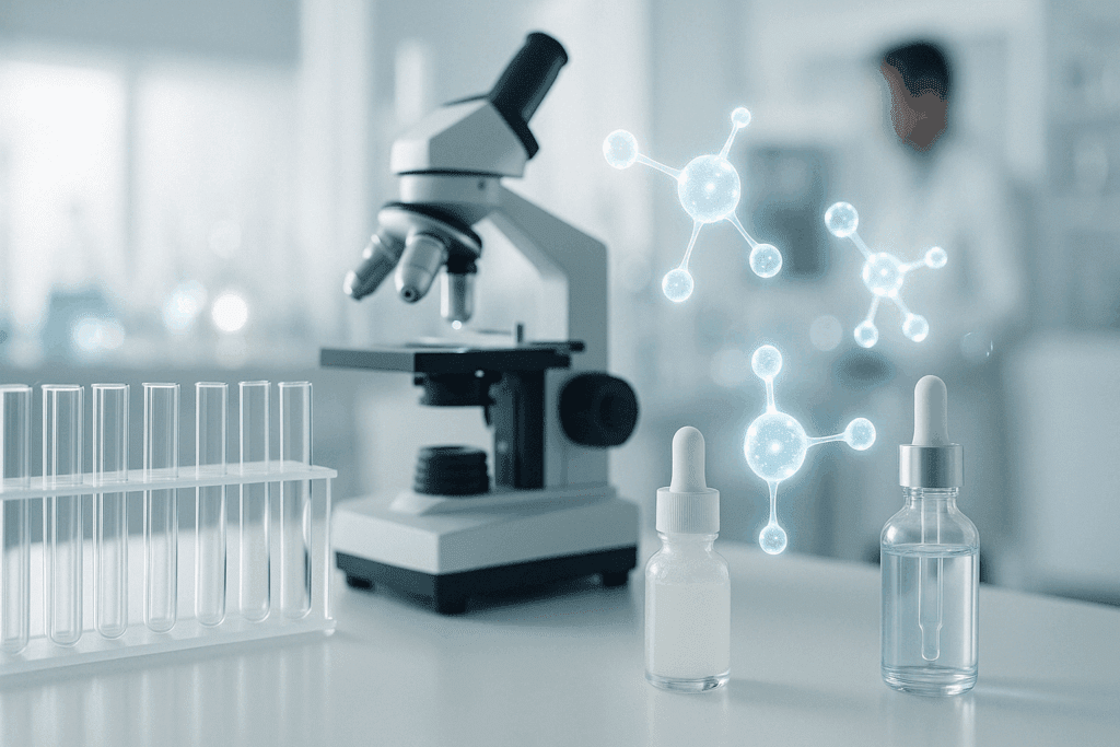 Clinical skincare lab with microscope, test tubes, serums, and glowing molecules illustrating research behind the question do eye creams work