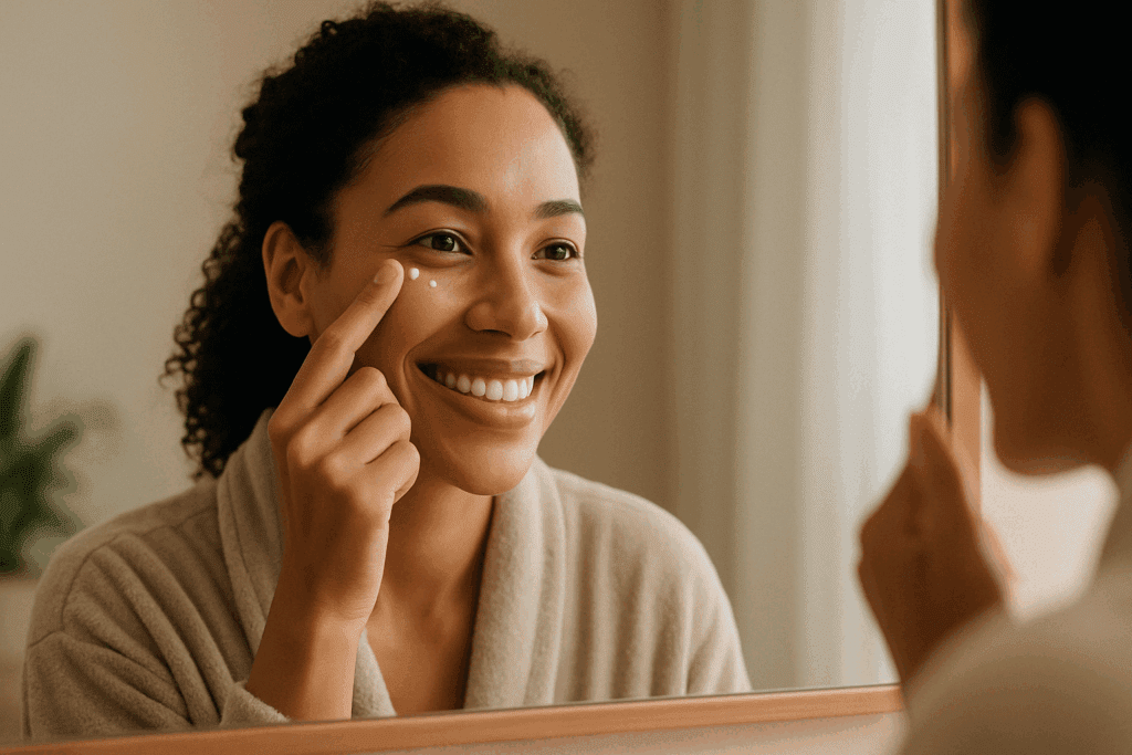 Smiling woman applying under-eye cream while looking in the mirror, illustrating a self-care moment that explores the question: do eye creams work.