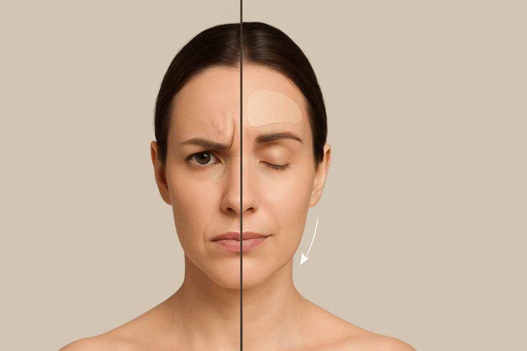 Split-screen comparison of a woman frowning on one side and wearing a wrinkle patch on her relaxed forehead on the other, illustrating the concept behind “do frownies really work