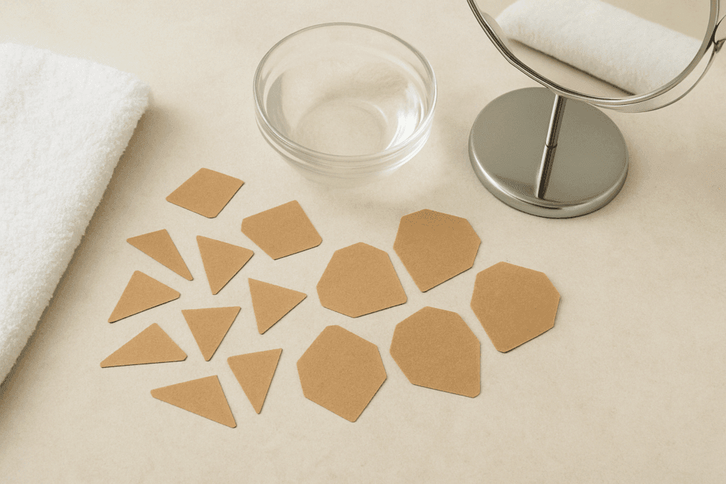 Flat-lay of kraft paper wrinkle patches beside water and skincare tools in a minimalist bathroom, illustrating the question do Frownies really work.