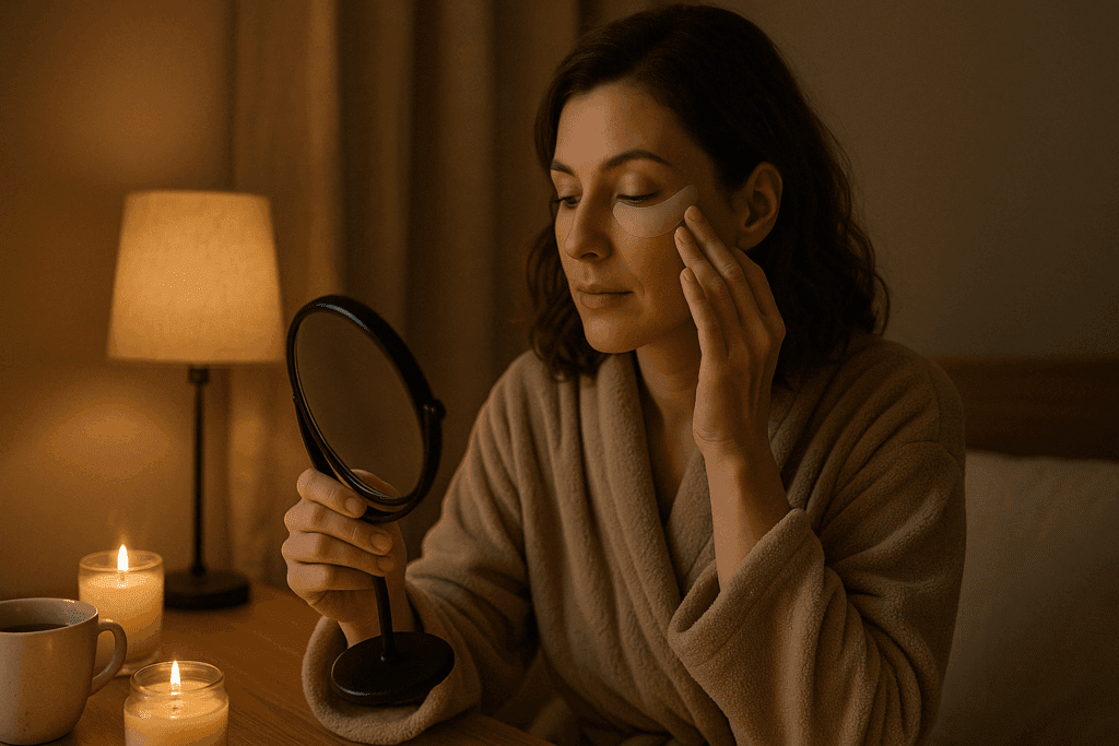Woman applying a wrinkle patch to her forehead before bed as part of a nightly skincare routine, illustrating the process explored in do frownies really work.