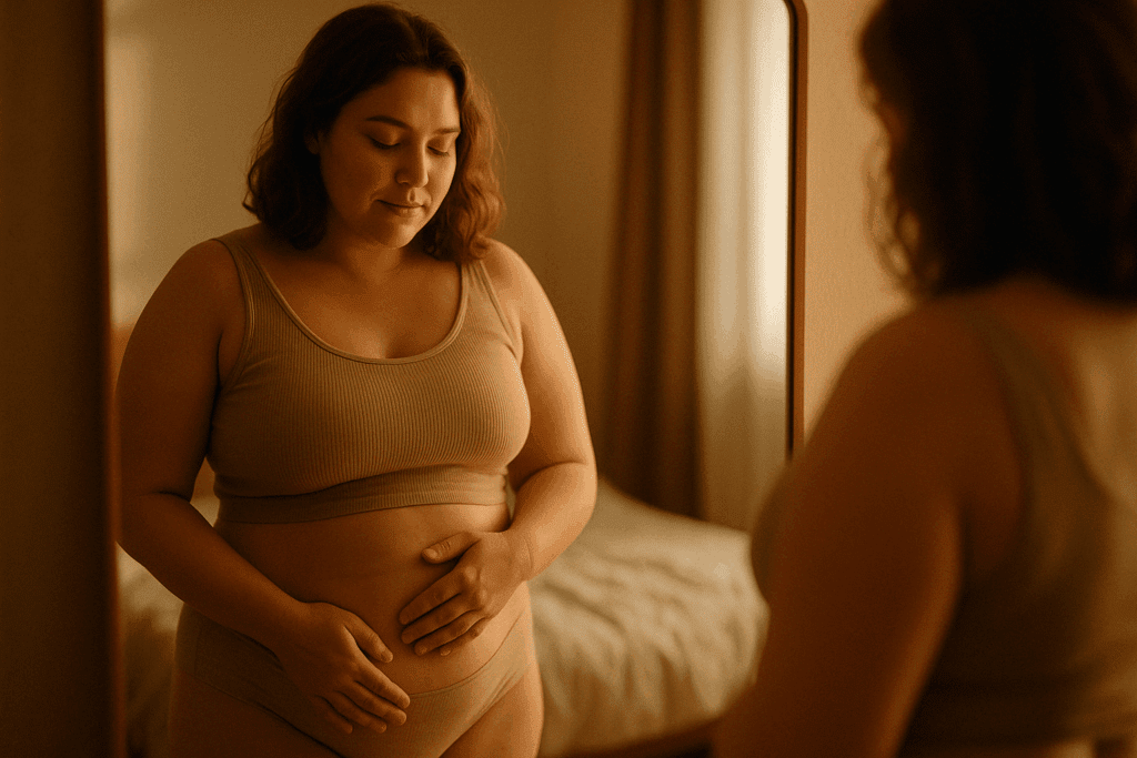 Woman gently touching her stomach in front of a mirror, reflecting on body image and self-esteem, suggesting themes related to “does B Flat cream work” in emotional skin care journeys