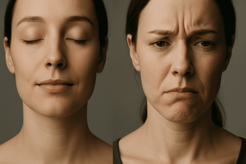 Side-by-side portraits of a calm face and a tense face, with the stressed chin showing a subtle mental crease from emotional strain