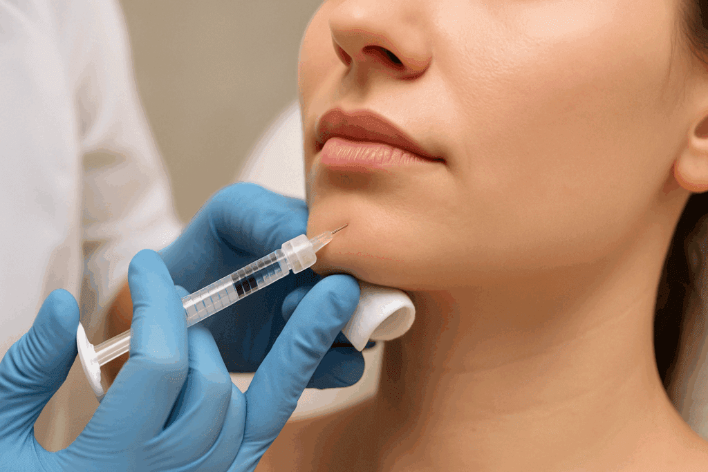 Cosmetic injector administering dermal filler into the mental crease of a woman’s chin in a sterile clinical setting