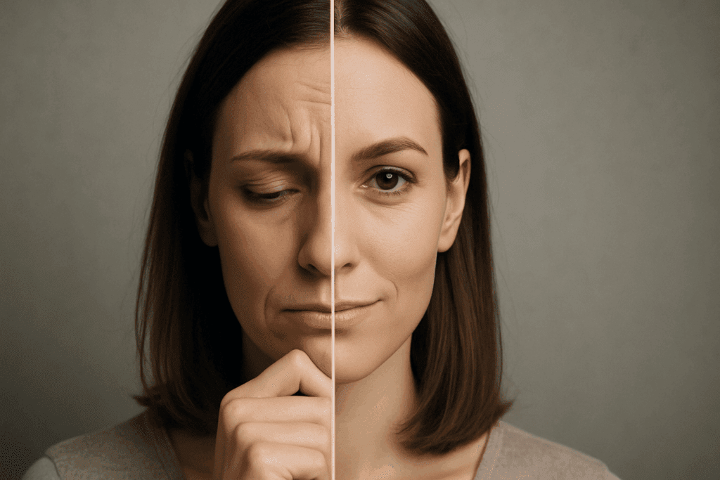 Split-screen portrait of a woman with a visible mental crease and pensive expression on one side, and a confident, smooth-faced appearance on the other, symbolizing psychological and aesthetic transformation.