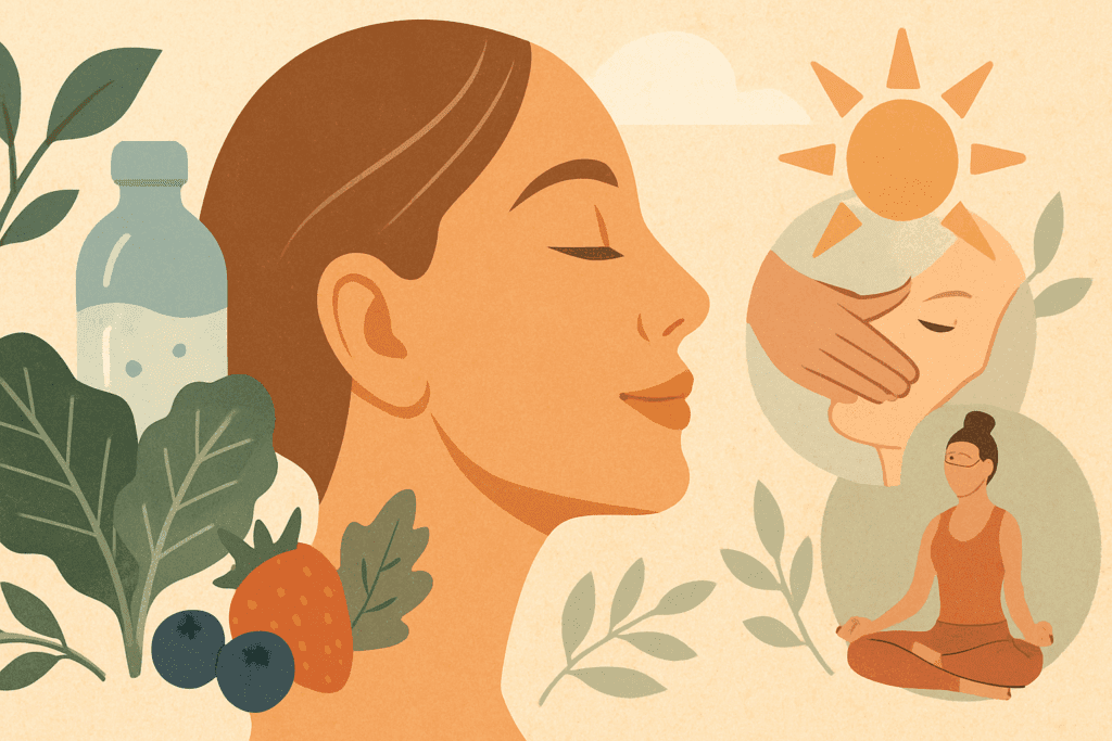 Profile of a glowing woman’s face surrounded by symbols of hydration, nutrition, sun protection, and mindfulness, illustrating holistic prevention of a mental crease.