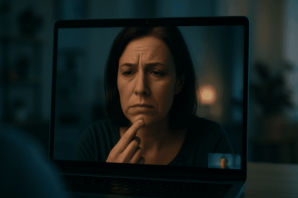 Woman on a video call examining her reflection with visible concern, screen lighting emphasizing the mental crease on her chin.