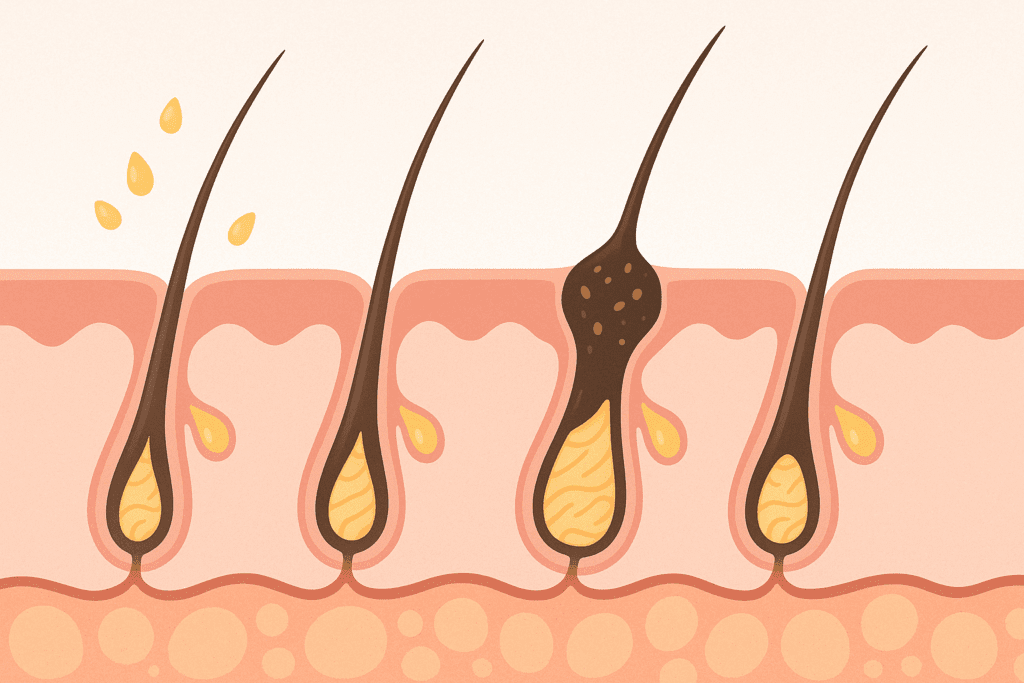 Cross-sectional diagram of skin showing clogged pores and blackhead formation, useful in explaining how retinol for blackheads clears sebum and keratin buildup