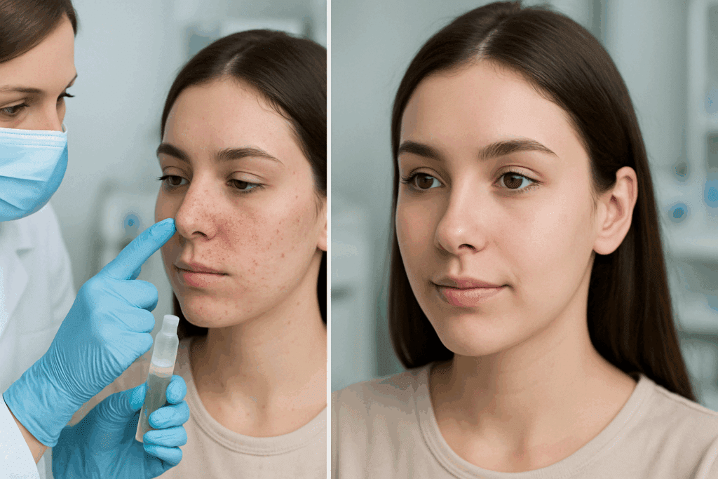 Dermatologist applying retinol for blackheads to a young woman’s nose in a clinical setting, alongside her visibly clearer skin after treatment.