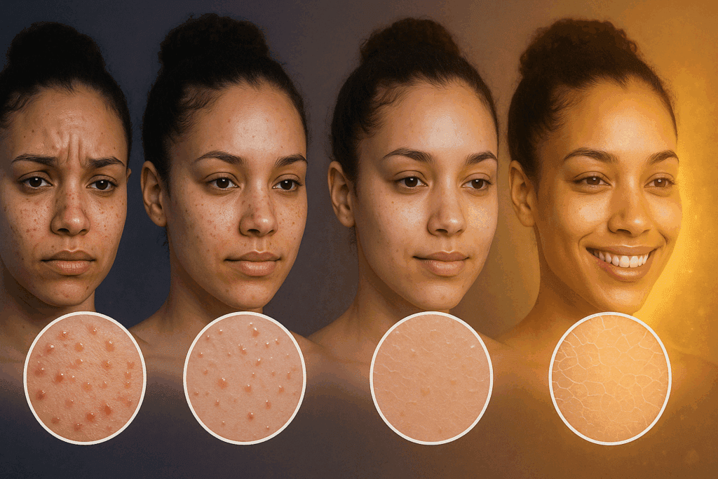 Week-by-week infographic showing facial skin improvement with retinol for blackheads, from irritation to clear, glowing complexion