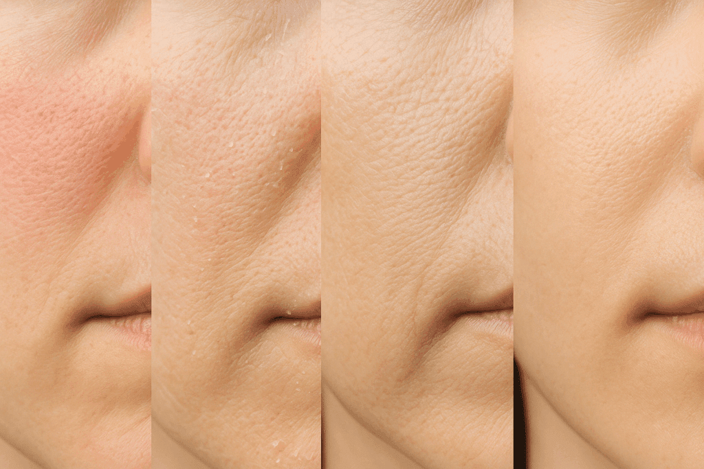 Side-by-side facial skin close-ups showing redness, flaking, dryness, and clear results from using retinol for blackheads