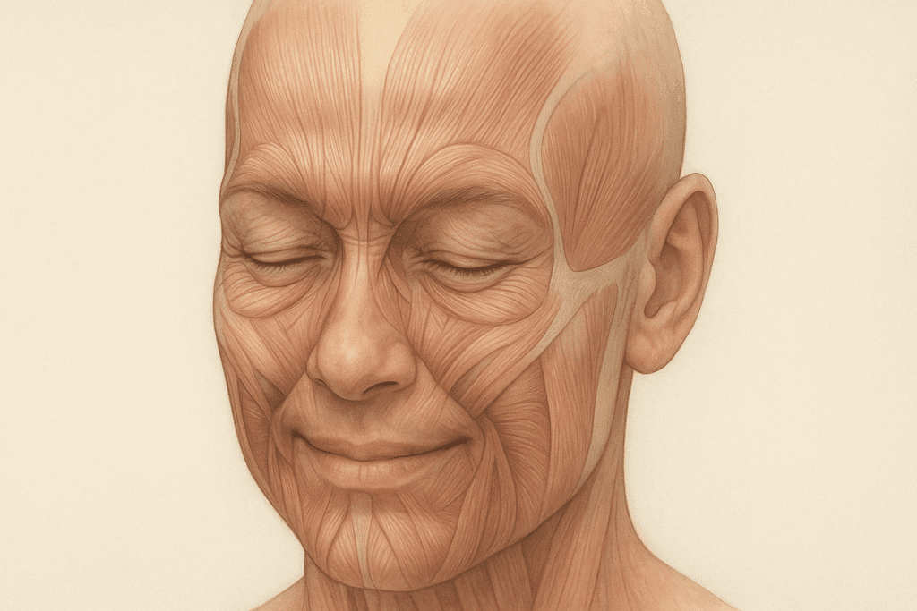 Anatomical illustration of facial muscles under semi-transparent skin, showing fast dynamic facial wrinkles forming around the eyes, forehead, and mouth during subtle expression.
