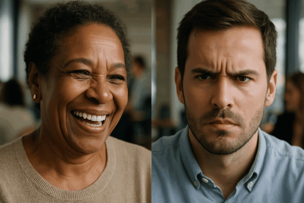 Two individuals in a social setting displaying fast dynamic facial wrinkles—one with smile lines during laughter, the other with furrowed brows showing tension.