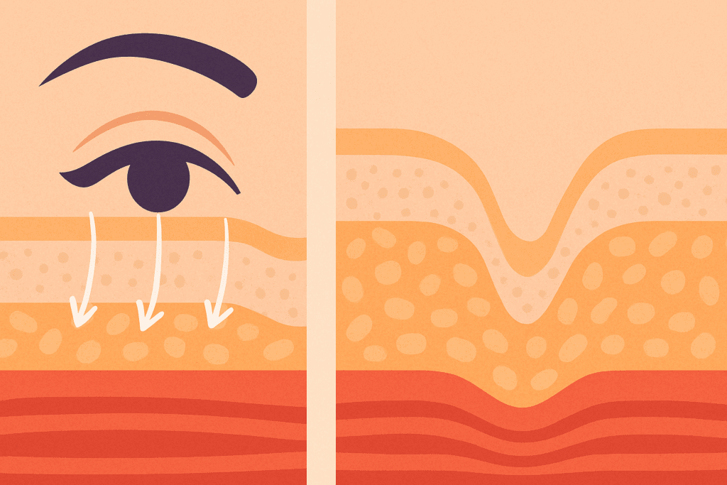 Abstract side-by-side skin diagram showing collagen breakdown in eye and cheek areas, visualizing fast dynamic facial wrinkles