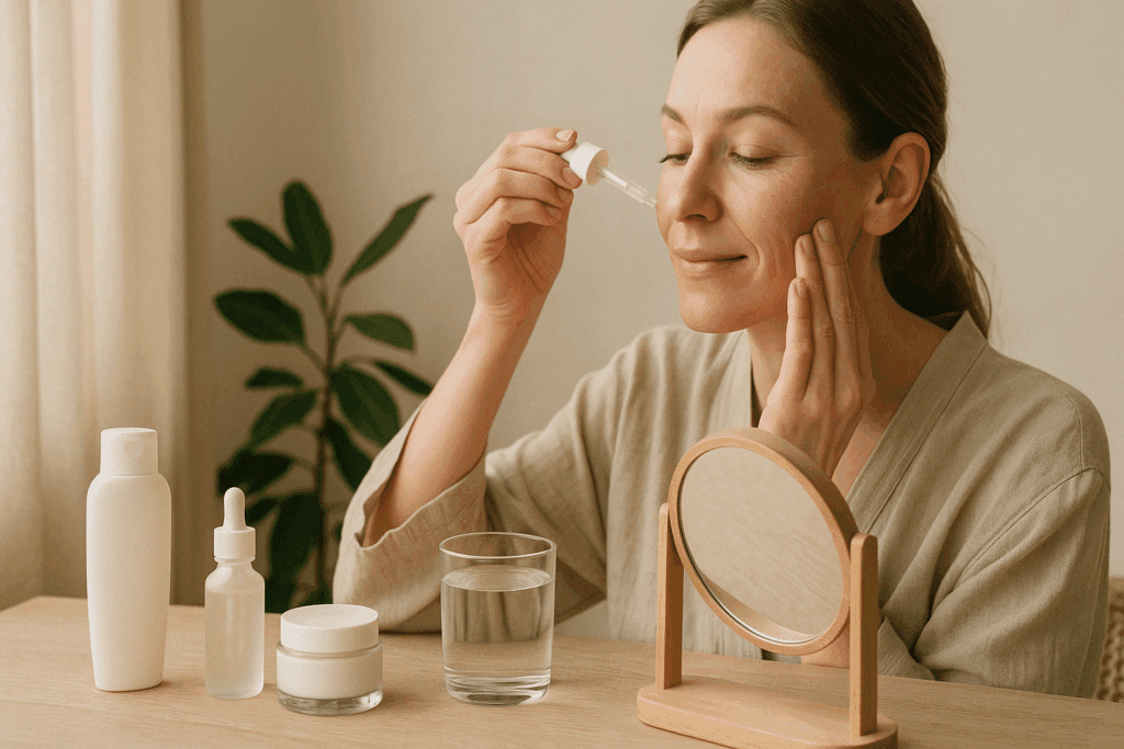 Woman with healthy skin and fast dynamic facial wrinkles applying serum in a sunlit bathroom, surrounded by skincare products and a glass of water.