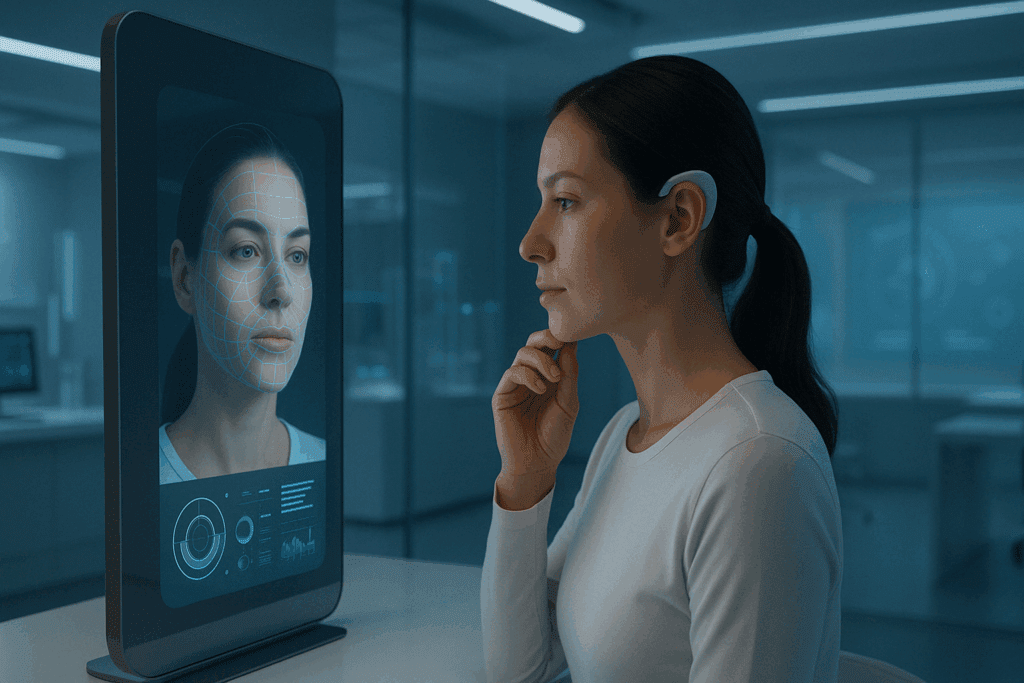 Woman using futuristic skin analysis mirror in a tech lab to track fast dynamic facial wrinkles with real-time biofeedback