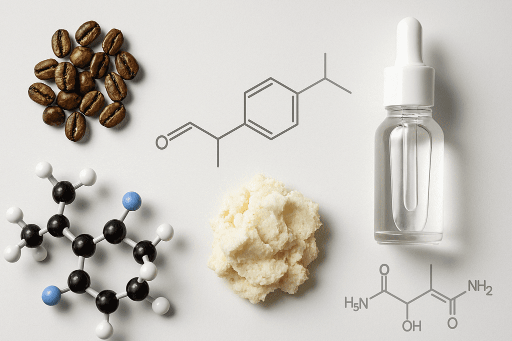Flat lay of skincare ingredients used in particle ab firming cream for men, including caffeine beans, retinol molecules, peptides, shea butter, and serum