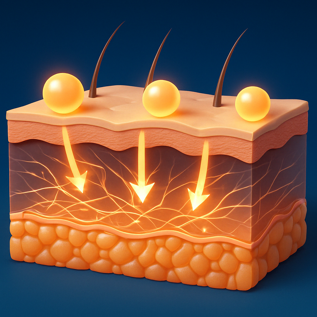 Cross-section of human skin showing active ingredients from particle ab firming cream for men penetrating into the dermis to stimulate collagen and elastin tightening