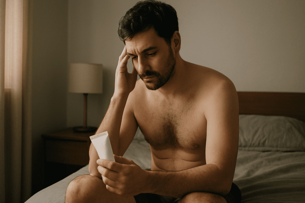 Shirtless man sitting on edge of bed in soft morning light, thoughtfully holding particle ab firming cream for men in hand
