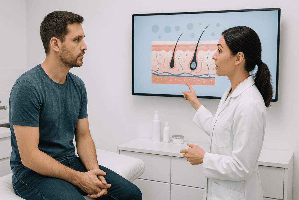 Dermatologist showing skin analysis to a male patient during a clinical consultation about particle ab firming cream for men.