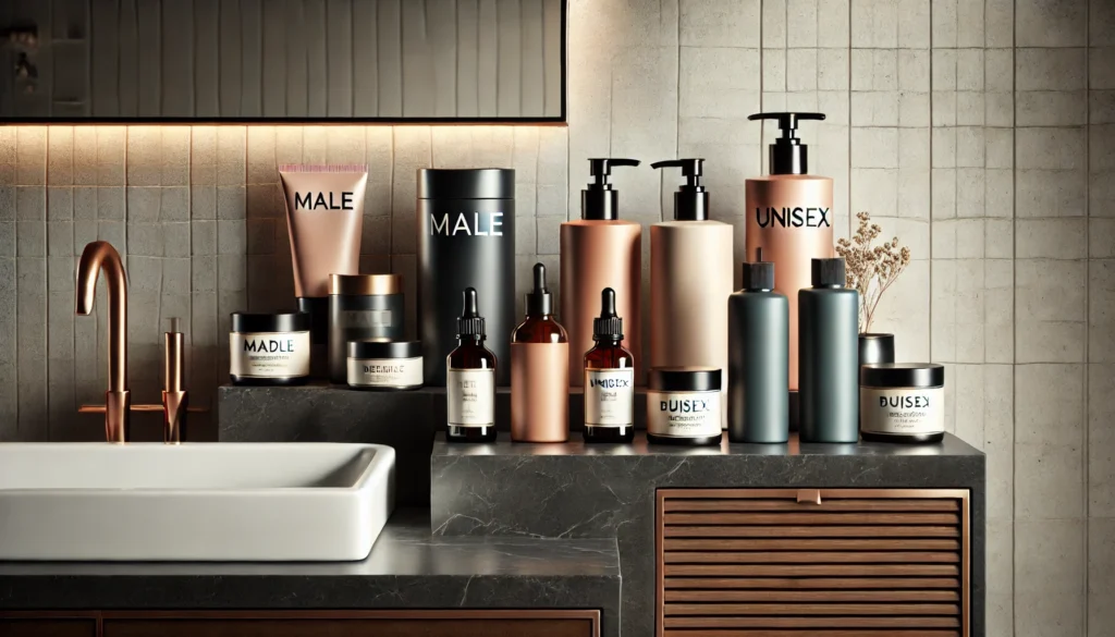 odern bathroom counter displaying particle ab firming cream for men alongside pastel-packaged unisex skincare products