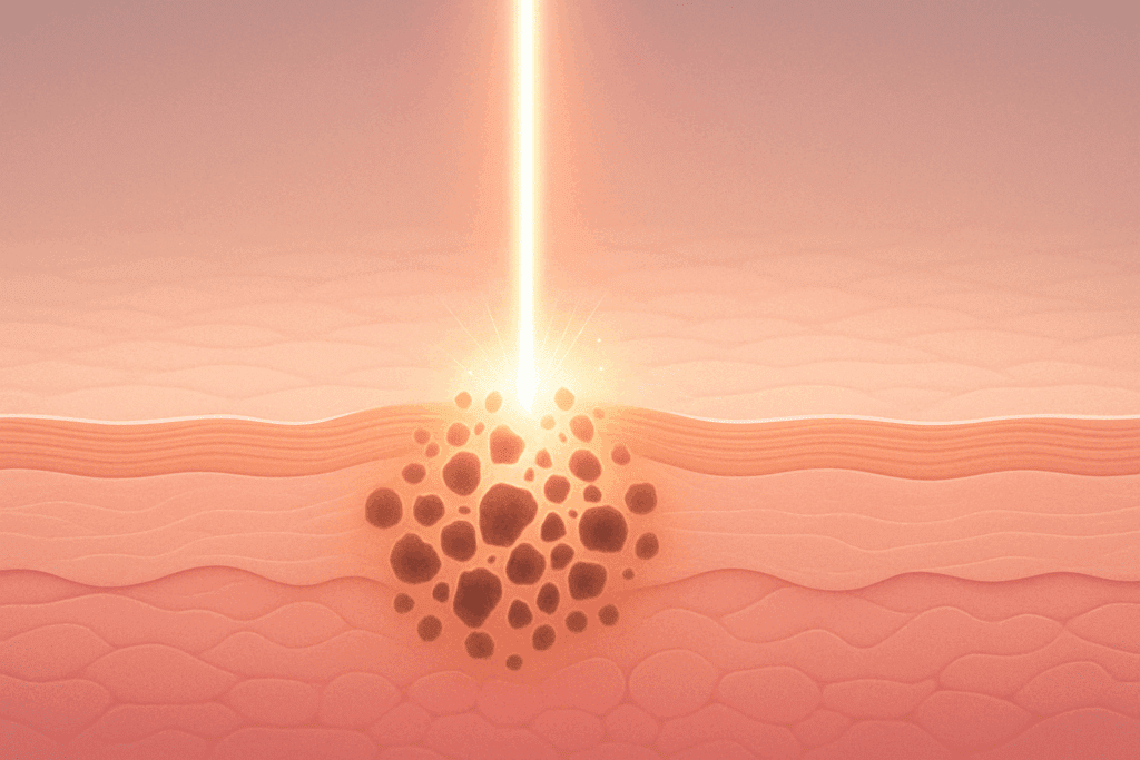 Cross-sectional illustration showing laser treatment for age spots targeting dark pigment clusters beneath skin layers with a precise light beam