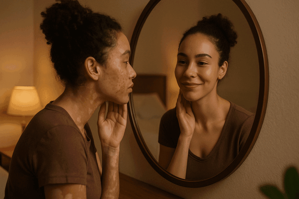 Woman with vitiligo looking at her reflection showing clearer skin and a subtle smile, symbolizing emotional healing after laser treatment for age spots