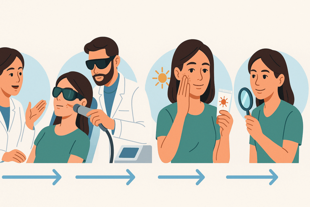 Step-by-step illustration of a patient undergoing laser treatment for age spots, including consultation, protective eyewear during laser session, aftercare with sunscreen, and follow-up skin assessment