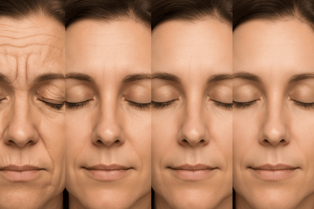 Close-up time-lapse showing natural skin improvements from laser treatment for forehead wrinkles.