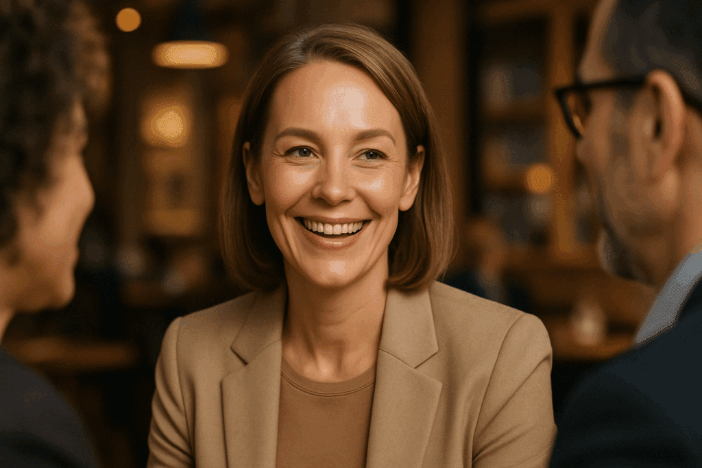 Middle-aged woman smiling confidently in a social setting after laser treatment for forehead wrinkles