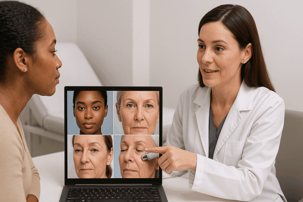 Dermatologist consulting with patient while reviewing digital skin analysis for personalized laser treatment for forehead wrinkles.