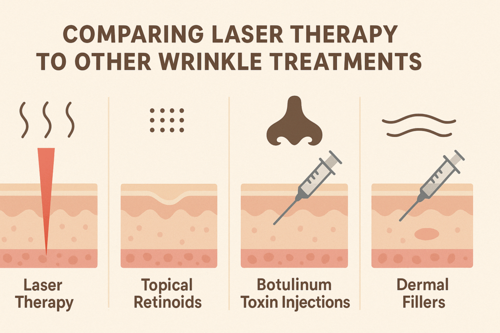 Visual comparison of laser treatment for forehead wrinkles, retinoids, botulinum toxin, and dermal fillers using skin layer diagrams and symbolic icons