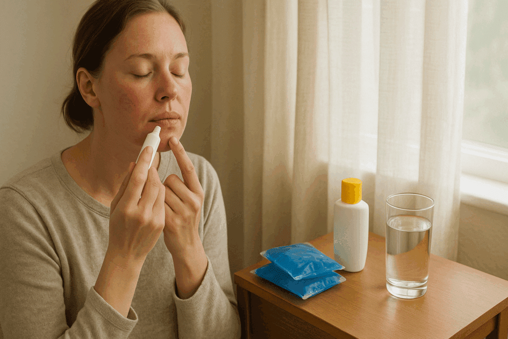 Woman applying healing ointment after lip resurfacing near window with recovery items like ice packs and sunscreen