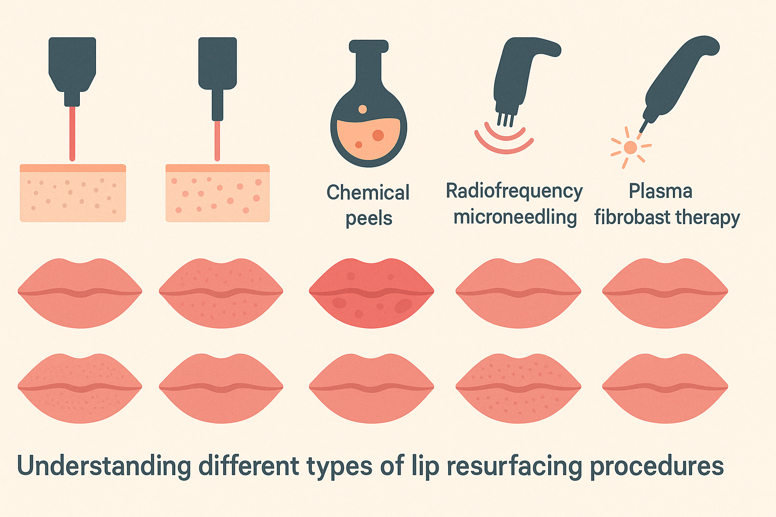 Infographic comparing five lip resurfacing procedures with before-and-after visuals showing perioral skin improvements